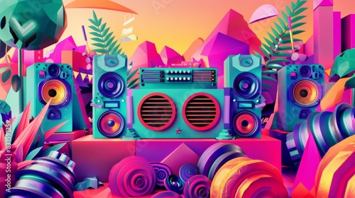 Vibrant tropical landscape with colorful abstract shapes featuring a retro boombox and speakers, creating a retro-futuristic music scene.