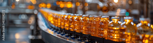 A conveyor belt of bottles of oil