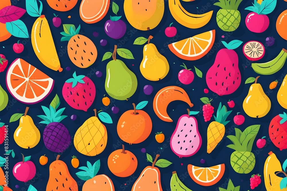 A colorful fruit pattern with a variety of fruits including apples, oranges A colorful fruit pattern with a variety of fruits including apples, oranges
