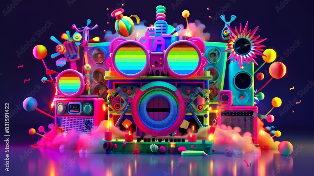Colorful, neon-lit abstract 3D art installation with various futuristic gadgets and vibrant decorations against a dark background, creating a playful atmosphere.