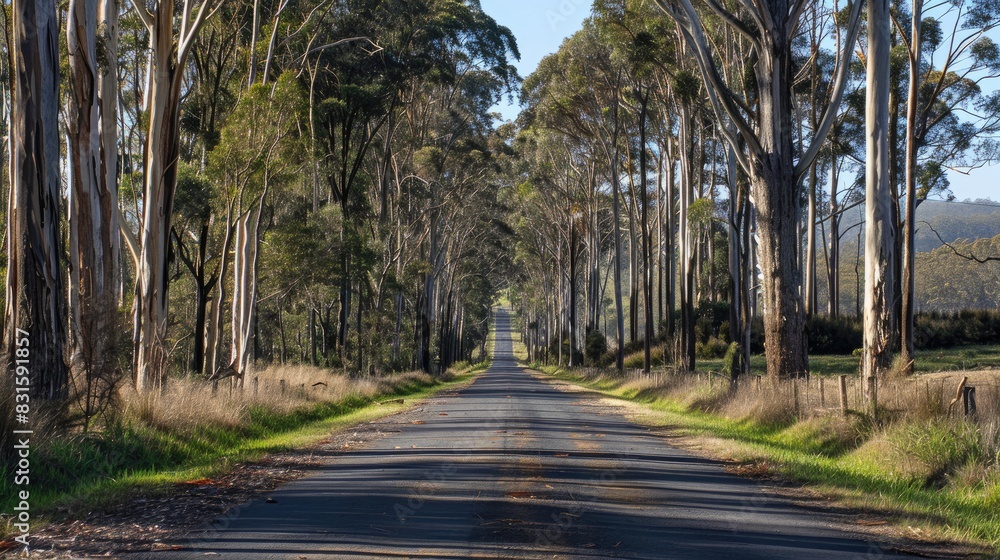 A sunny day with a long deserted road flanked by tall trees A sunny day with a long deserted road flanked by tall trees