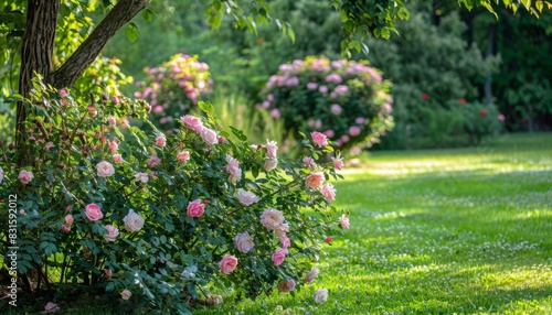 elegant landscape design with blooming shrub rose on lush green lawn nature garden concept photo