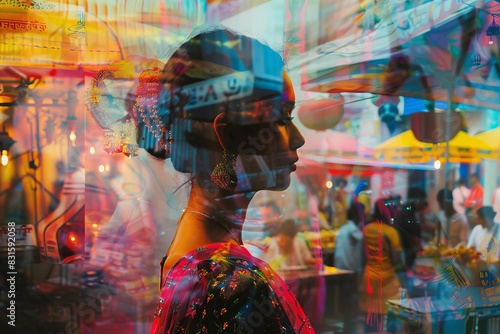 Dreamy, vibrant double exposure of a woman in a bustling street market, showcasing colorful culture and dynamic urban lifestyle. photo
