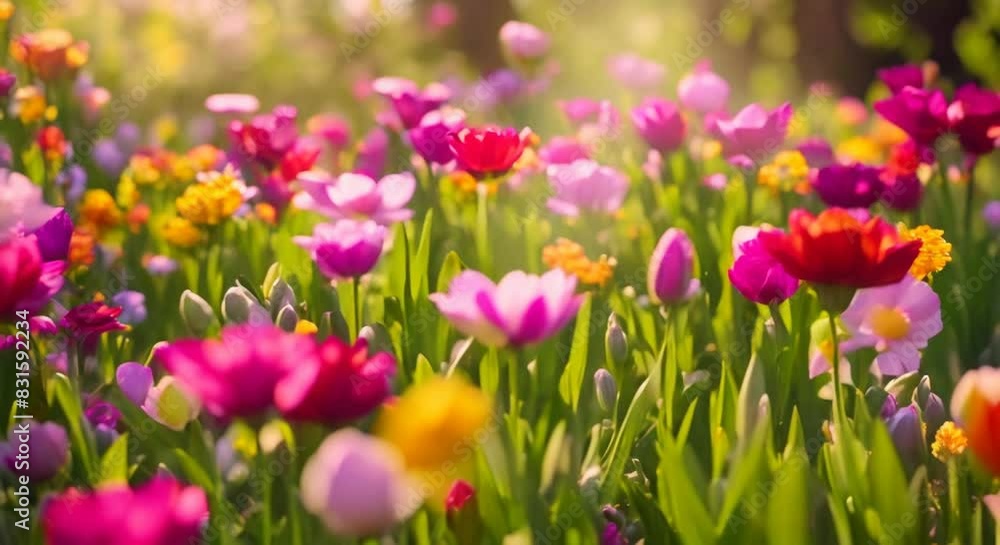 A colorful and vibrant spring meadow filled with blooming flowers in various shades of pink, red, yellow, and purple, bathed in warm sunlight, creating a lively and cheerful atmosphere A colorful and vibrant spring meadow filled with blooming flowers in various shades of pink, red, yellow, and purple, bathed in warm sunlight, creating a lively and cheerful atmosphere