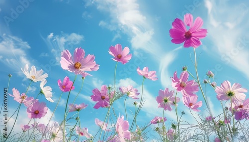 enchanting cosmos flowers dancing in spring breeze against vibrant blue sky impressionist painting