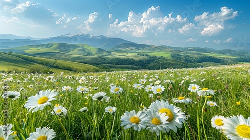 Serene and Artistic Natural Scene  Beautiful Pastoral Landscape with Chamomile and Blue Wild Peas in Morning Haze Against a Blue Sky with Clouds.