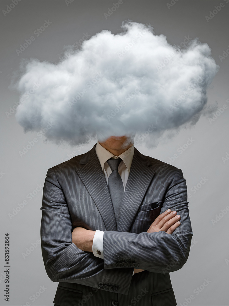 Person in suit with head replaced by cloud, symbolizing confusion or being lost in thought. Person in suit with head replaced by cloud, symbolizing confusion or being lost in thought.