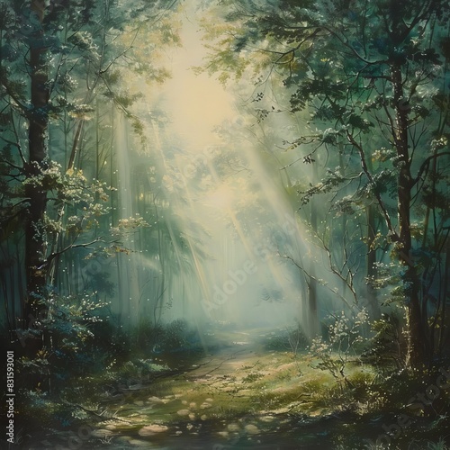 ethereal beam of light piercing through dense misty forest enchanting woodland scene