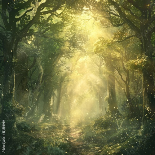 ethereal beam of light piercing through dense misty forest enchanting woodland scene © furyon
