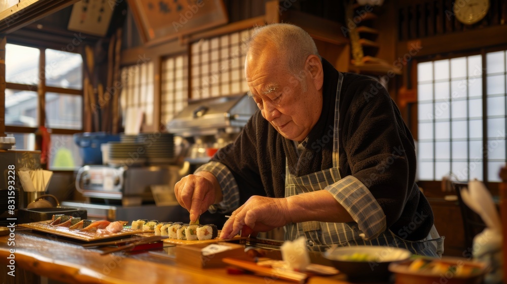 A skilled sushi chef meticulously prepares sushi rolls in a traditional Japanese kitchen, showcasing precise culinary craftsmanship. A skilled sushi chef meticulously prepares sushi rolls in a traditional Japanese kitchen, showcasing precise culinary craftsmanship.