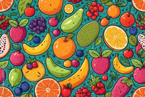 A colorful fruit pattern with bananas, oranges, apples, and grapes