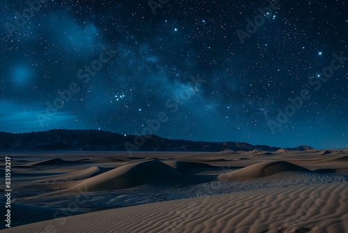 A vast desert landscape with towering sand dunes under a starry night sky.