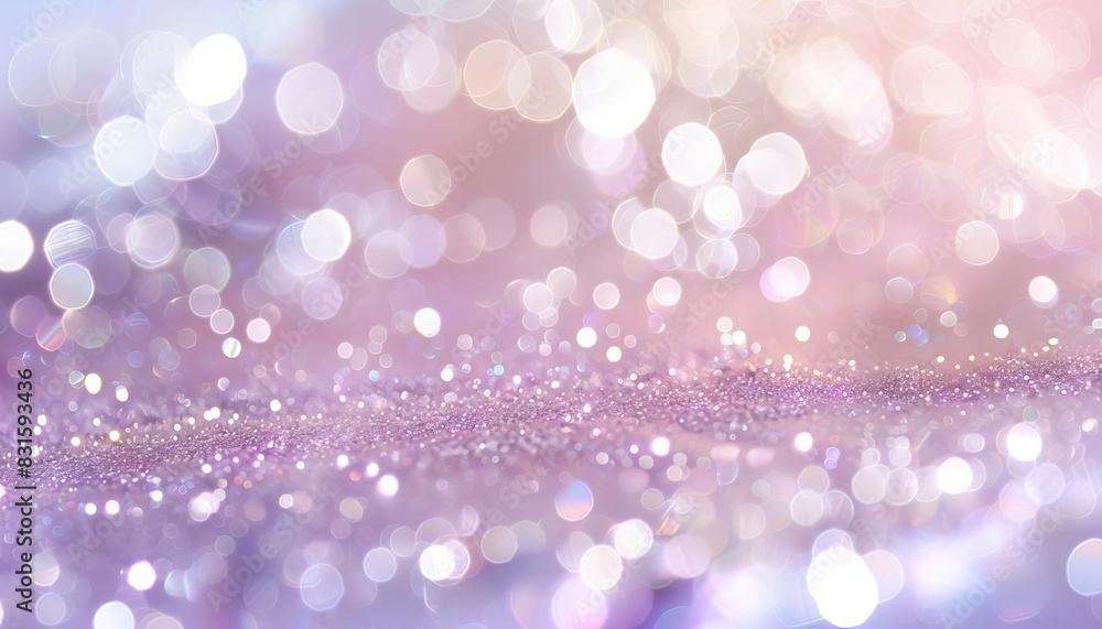 festive sparkling background with shimmering bokeh lights in elegant pastel pearl and silver tones selective focus