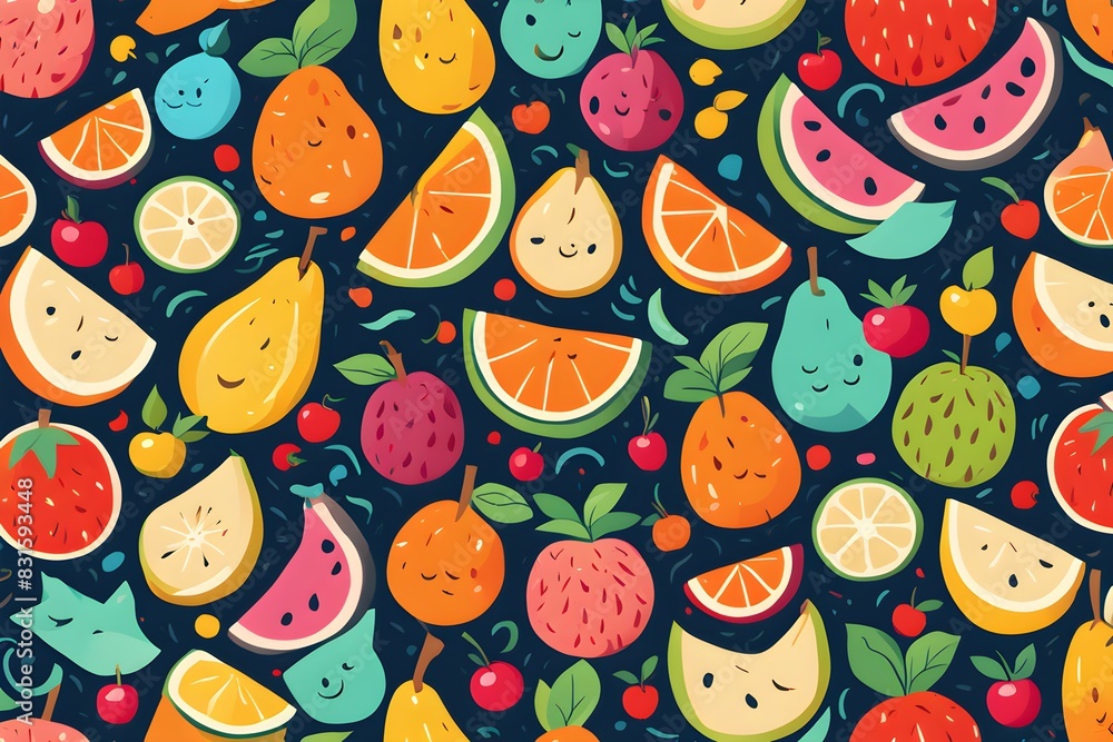 A colorful fruit pattern with cartoon faces on the fruit A colorful fruit pattern with cartoon faces on the fruit