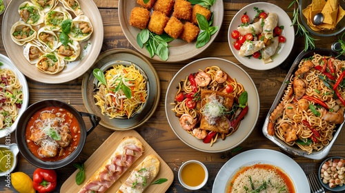 international mix set foods top view on table 