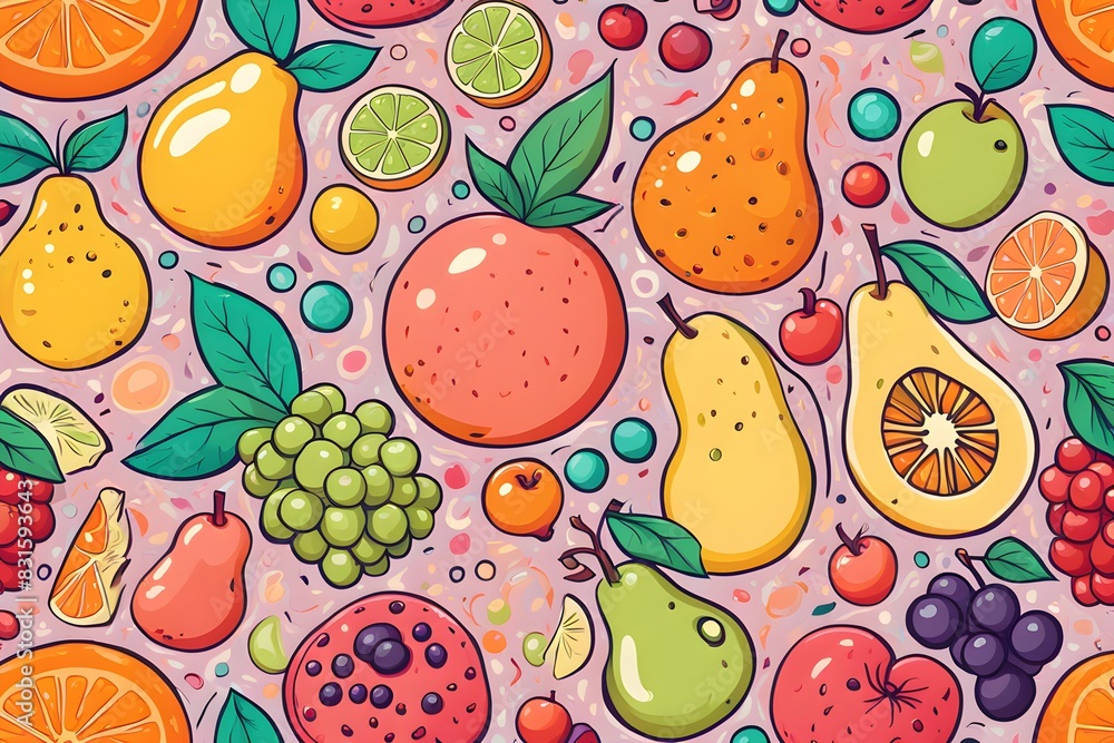 A colorful fruit pattern with a variety of fruits including apples, oranges A colorful fruit pattern with a variety of fruits including apples, oranges