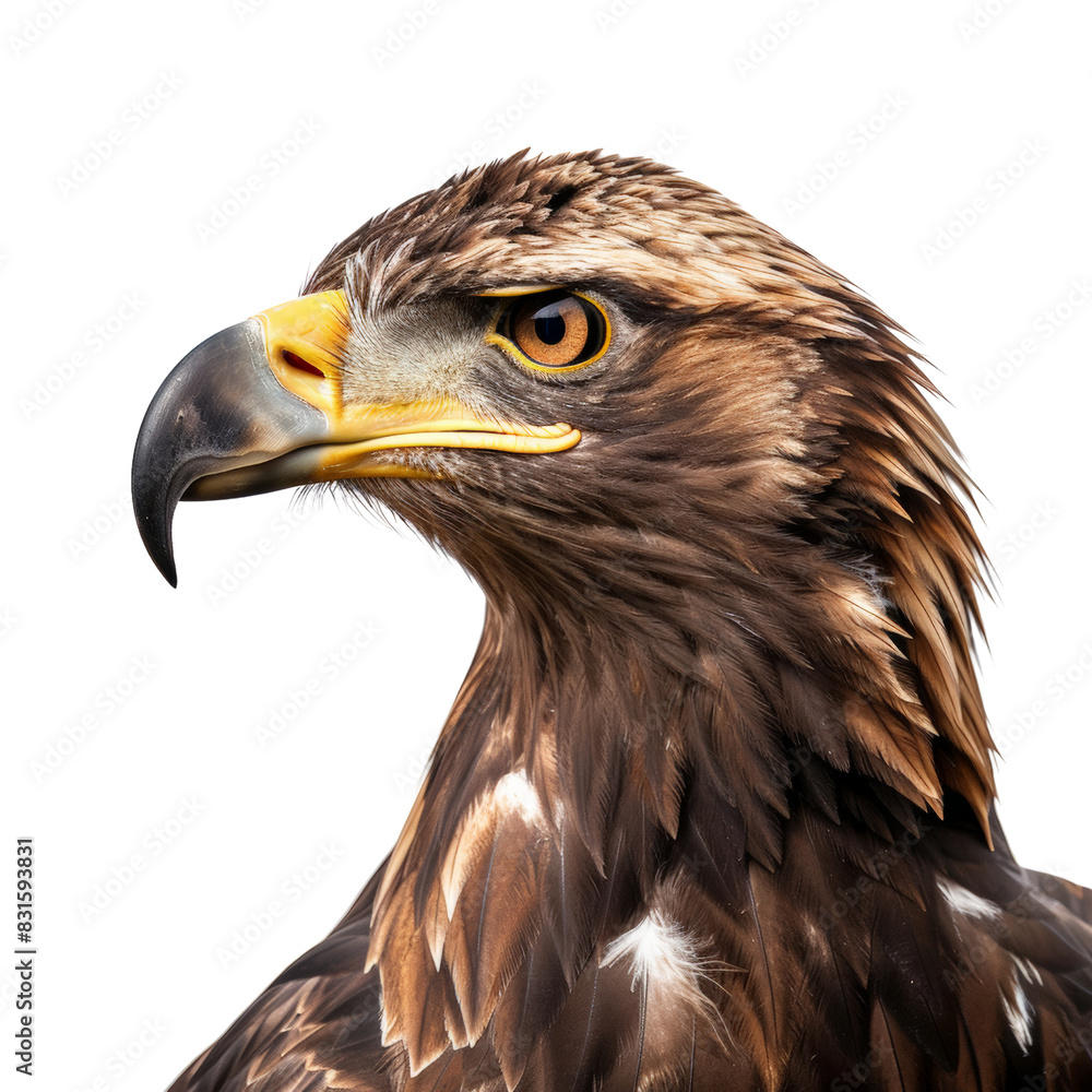 A close-up portrait of a majestic Golden Eagle, capturing its piercing gaze and sharp features in a stunning display of natural beauty, isolated on transparent background, cut out, png A close-up portrait of a majestic Golden Eagle, capturing its piercing gaze and sharp features in a stunning display of natural beauty, isolated on transparent background, cut out, png