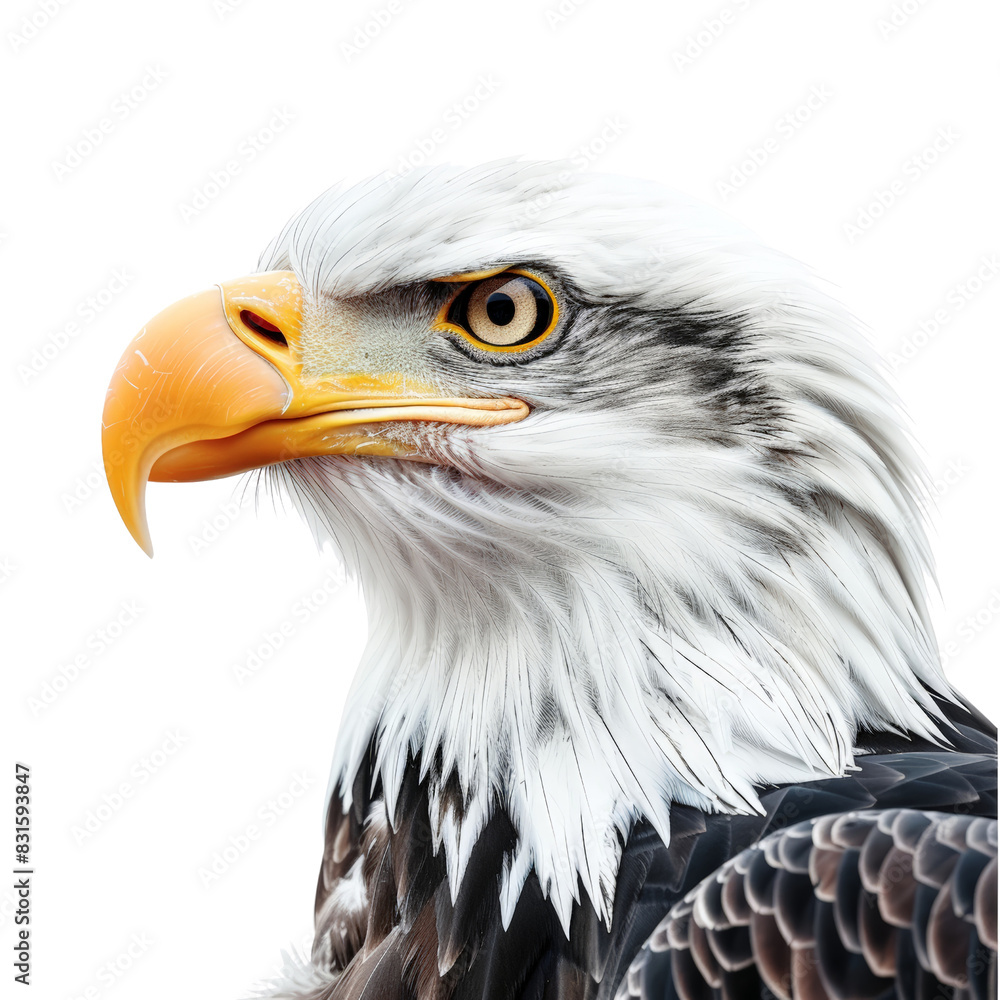 Fototapeta premium A majestic Bald Eagle with piercing gaze, strength, power, and intelligence of this iconic bird of prey, isolated on transparent background, cut out, png