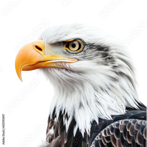 A majestic Bald Eagle with piercing gaze, strength, power, and intelligence of this iconic bird of prey, isolated on transparent background, cut out, png