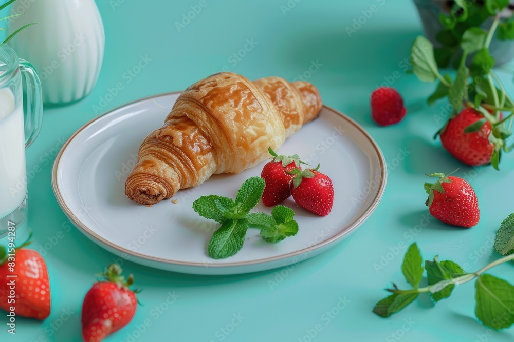 Single person table setting with croissant strawberries and milk. Single person table setting with croissant strawberries and milk.