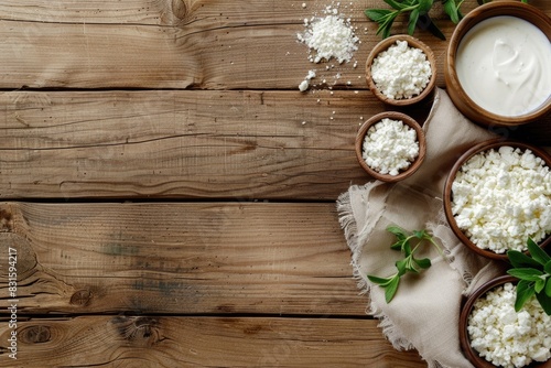 Milk sour cream cheese and cottage cheese on wooden table on wooden background with space for text