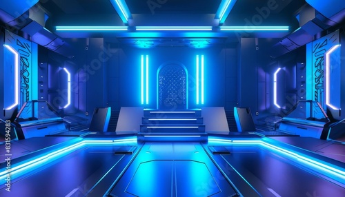 futuristic scifi podium stage with glowing neon blue lights sleek geometric shapes and reflective surfaces