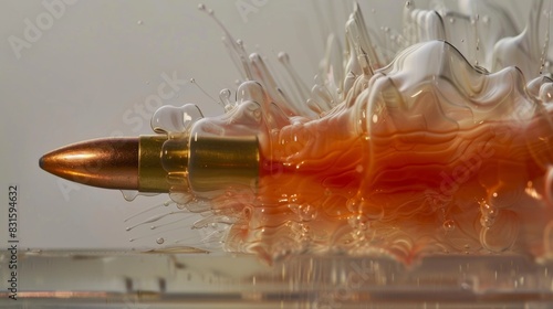 High-speed photograph of a bullet piercing a liquid, capturing the intricate splash and shockwave patterns in remarkable detail.