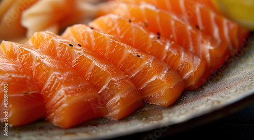 Sliced ​​salmon sashimi on a plate, close-up