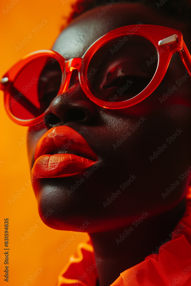 Close-up of the face and sunglasses of an African woman with dark skin Close-up of the face and sunglasses of an African woman with dark skin