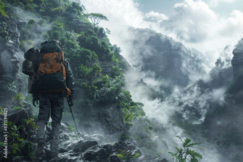 A hiker with a backpack navigates a misty mountain trail surrounded by lush greenery and dramatic cliffs, embodying adventure and exploration.