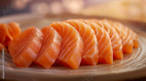 Sliced ​​salmon sashimi on a plate, close-up