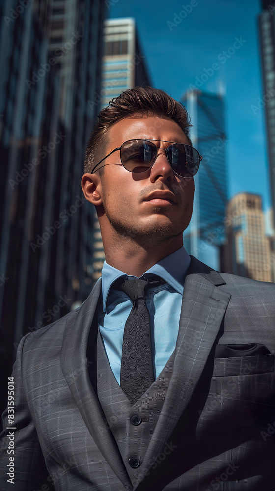 Handsome man in a gray three-piece suit, blue shirt and tie, wearing sunglasses Handsome man in a gray three-piece suit, blue shirt and tie, wearing sunglasses