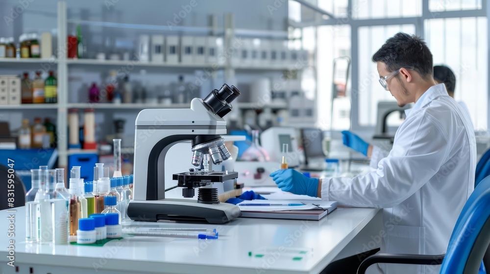 Produce a wide-angle view in a science laboratory setting, featuring clean, modern chairs and sleek tables with ample copy space Produce a wide-angle view in a science laboratory setting, featuring clean, modern chairs and sleek tables with ample copy space
