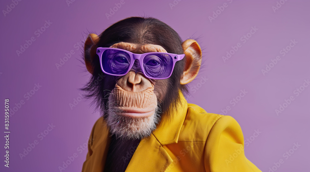 photograph of a monkey in a business suit with purple glasses on a purple background, wearing a yellow jacket photograph of a monkey in a business suit with purple glasses on a purple background, wearing a yellow jacket