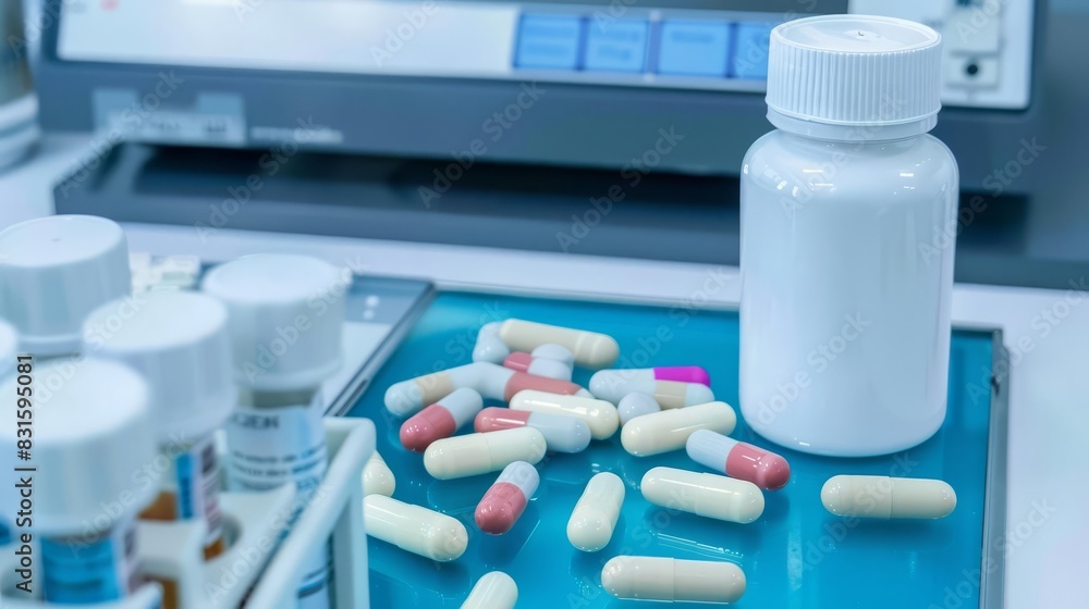 Illustrate a sleek laboratory setting from above, featuring a solitary, futuristic capsule container with ample negative space of pure white Illustrate a sleek laboratory setting from above, featuring a solitary, futuristic capsule container with ample negative space of pure white