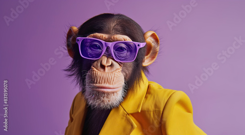 photograph of a monkey in a business suit with purple glasses on a purple background, wearing a yellow jacket