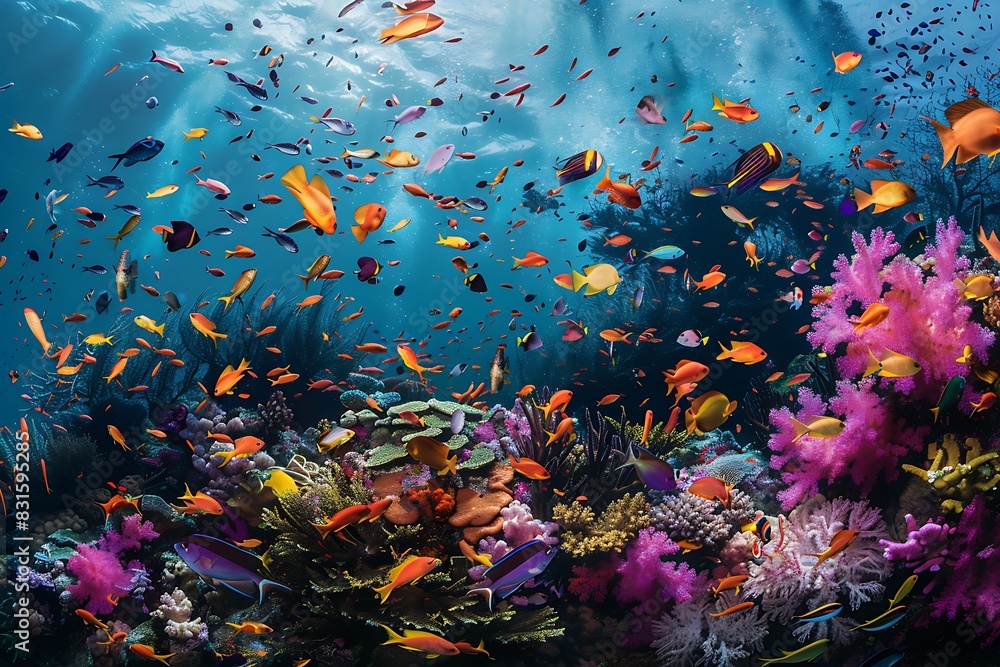 A vibrant coral reef teeming with colorful fish.