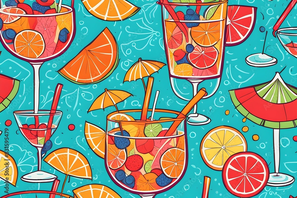 A colorful image of various fruit drinks and glasses, including a martini glass A colorful image of various fruit drinks and glasses, including a martini glass