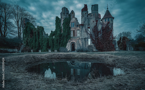 Eerie, abandoned castle covered in ivy with a small pond in the foreground and an overcast sky. photo