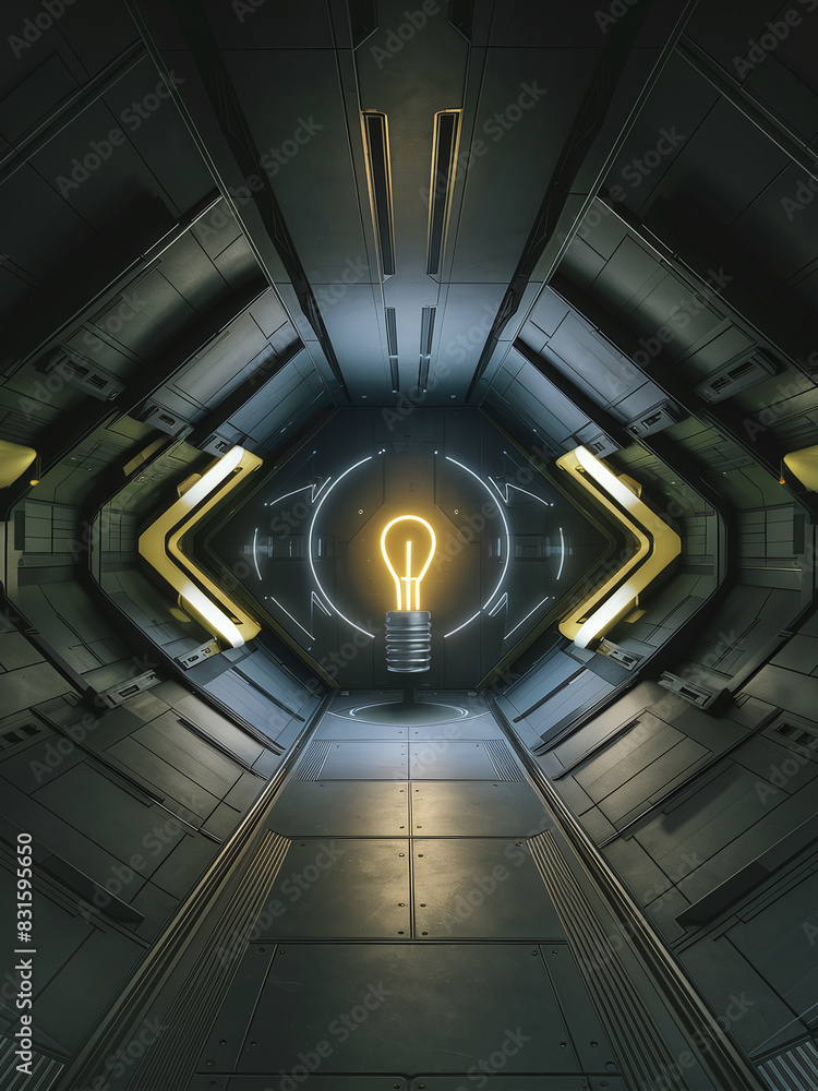 Futuristic corridor with metallic walls and glowing light bulb at center, symbolizing innovation and ideas. Futuristic corridor with metallic walls and glowing light bulb at center, symbolizing innovation and ideas.