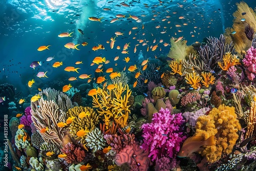 A vibrant coral reef teeming with colorful fish. © Ghulam