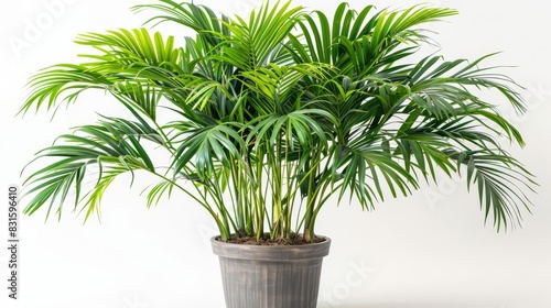 Photo of Majesty Palm - Ravenea rivularis in a modern pot position center isolate on white background, clear focus, soft lighting photo