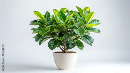 Photo of Rubber Tree - Hevea brasiliensis in a modern pot position center isolate on white background  clear focus  soft lighting