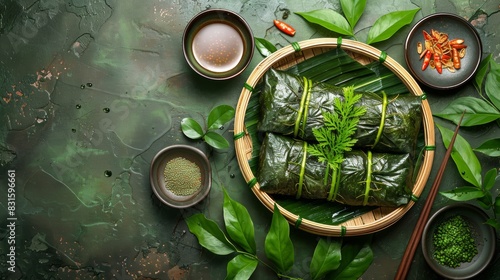 zongzi in bamboo leaves on a green table, celebrating dragon boat festival in traditional chinese style