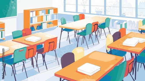 Illustrate a classroom filled with colorful chairs and tables, emphasizing a wide-angle view Include ample copy space for Back To School theme