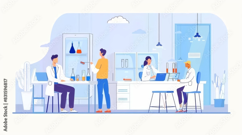 Illustrate a vast science laboratory, framed with generous copy space, featuring researchers engrossed in various experiments. isolated on soft plain pastel solid background Illustrate a vast science laboratory, framed with generous copy space, featuring researchers engrossed in various experiments. isolated on soft plain pastel solid background