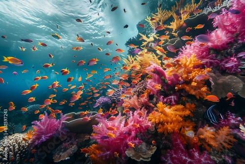 A vibrant coral reef teeming with colorful fish near a volcanic vent.