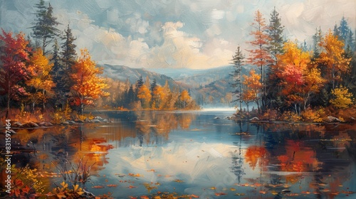autumn landscape art  a mesmerizing scene captured in an oil painting an autumn forest by a tranquil lake  adorned with vibrant fall colors and a serene water bodycharacter count
