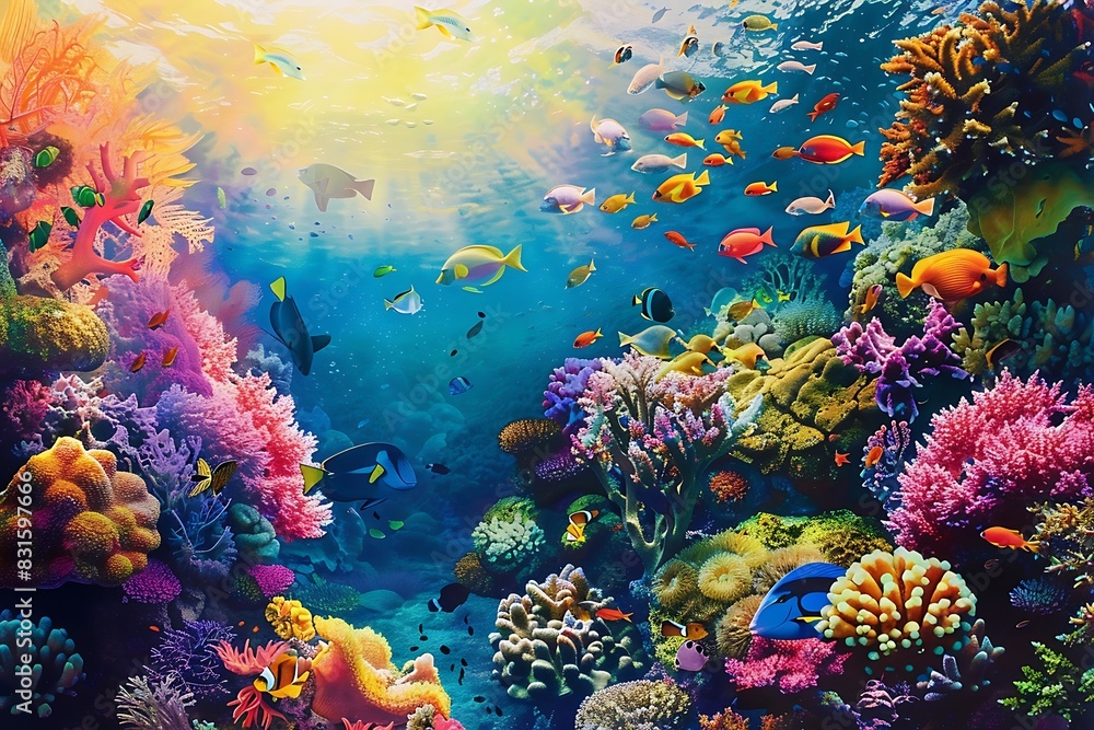 A vibrant coral reef teeming with colorful fish at sunrise.