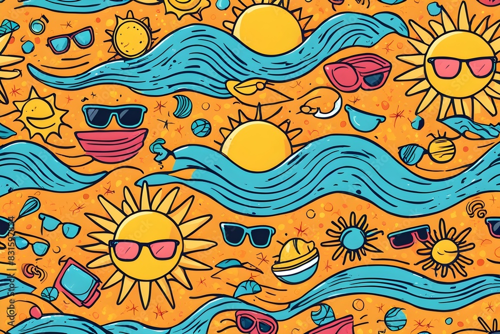 A colorful beach scene with many suns and sunglasses A colorful beach scene with many suns and sunglasses